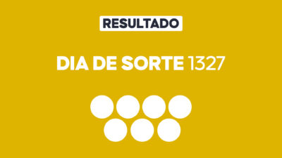 Arte gráfica com fundo amarelo, faixa branca com a palavra Resultado, texto Dia de Sorte 1327 em branco e sete círculos brancos abaixo representando dezenas do sorteio