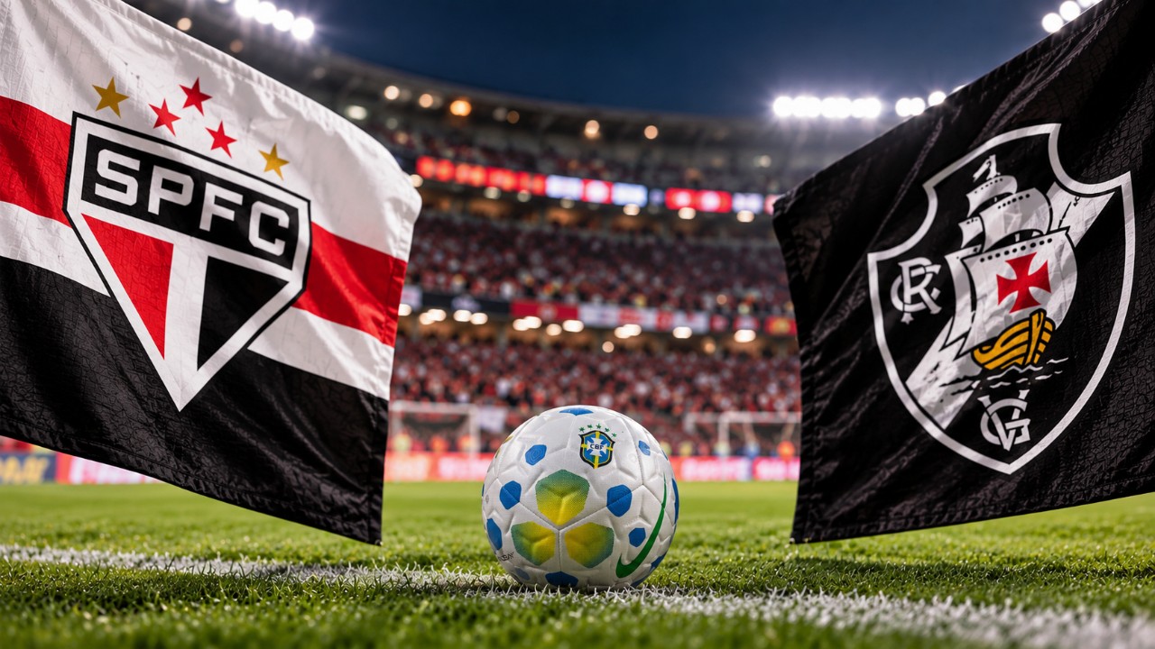 Bandeiras de São Paulo e Vasco aparecem em lados opostos de uma bola de futebol no gramado de um estádio iluminado, com arquibancadas ao fundo