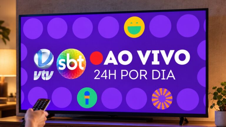 Televisor exibe arte da VTV SBT com os logotipos das emissoras e a mensagem de transmissão ao vivo 24 horas por dia, enquanto uma pessoa segura um controle remoto