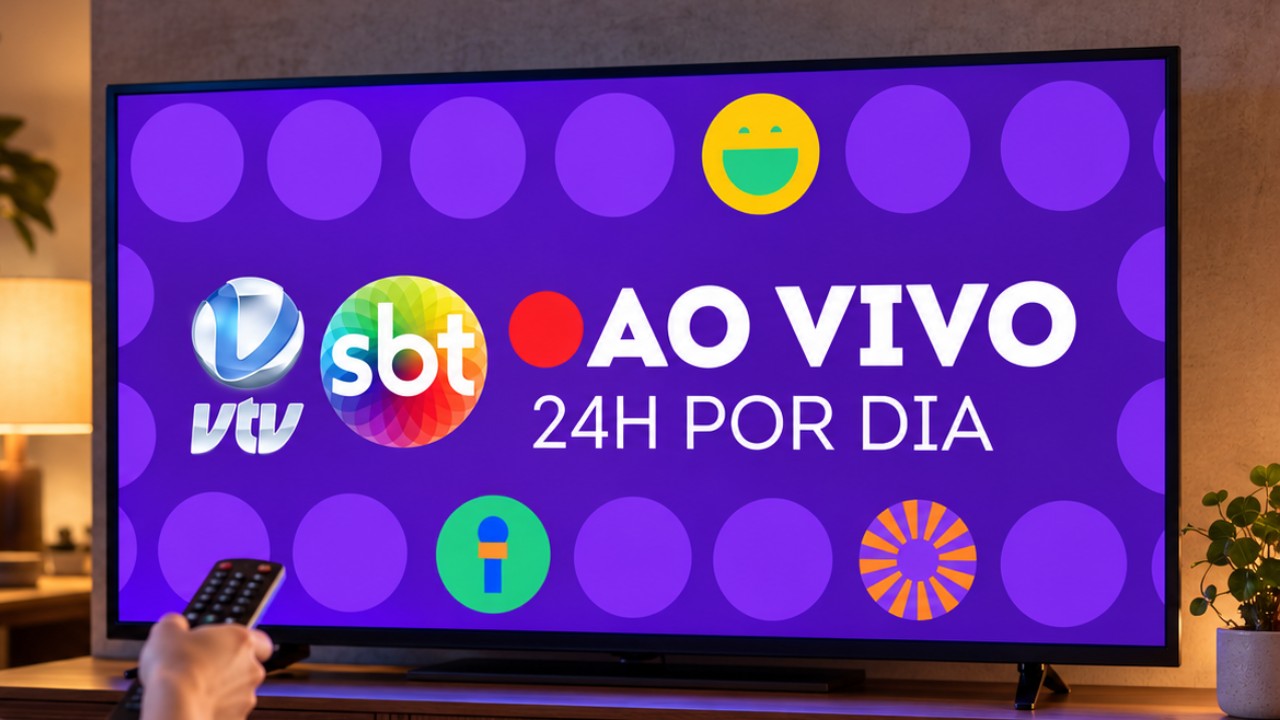 Televisor exibe arte da VTV SBT com os logotipos das emissoras e a mensagem de transmissão ao vivo 24 horas por dia, enquanto uma pessoa segura um controle remoto