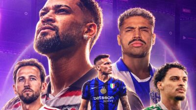 Montagem promocional da SportyNet com cinco jogadores de futebol de clubes nacionais e internacionais, sobre fundo roxo com elementos gráficos