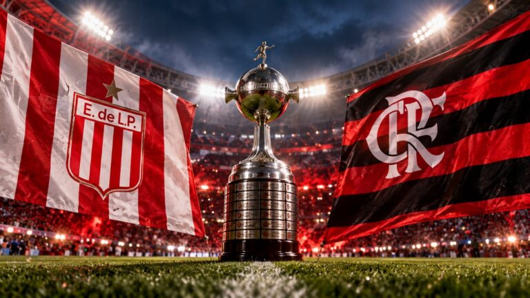 Taça da Copa Libertadores posicionada no gramado de um estádio iluminado, entre as bandeiras do Estudiantes e do Flamengo