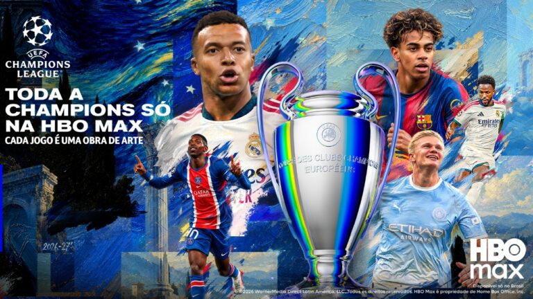 Cartaz da Champions League 2026/27 na HBO Max reúne jogadores de futebol ao redor do troféu e anuncia todos os jogos