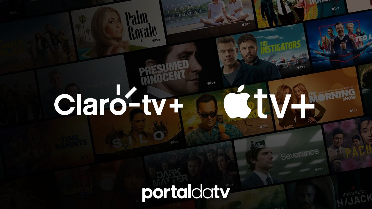 Imagem com montagem dos logos da Claro tv+ e Apple TV+