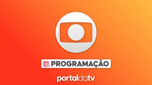 Imagem com logotipo da Globo com a legenda "programação". O logo do Portal da TV aparece centralizado na parte inferior. O fundo é um degradê com tons de laranja claro e escuro.