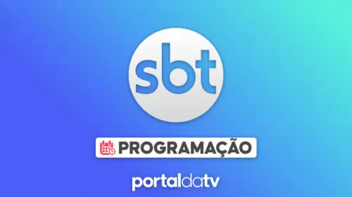 Imagem com logotipo do SBT com a legenda "programação". O logo do Portal da TV aparece centralizado na parte inferior. O fundo é um degradê com tons de azul claro e escuro.